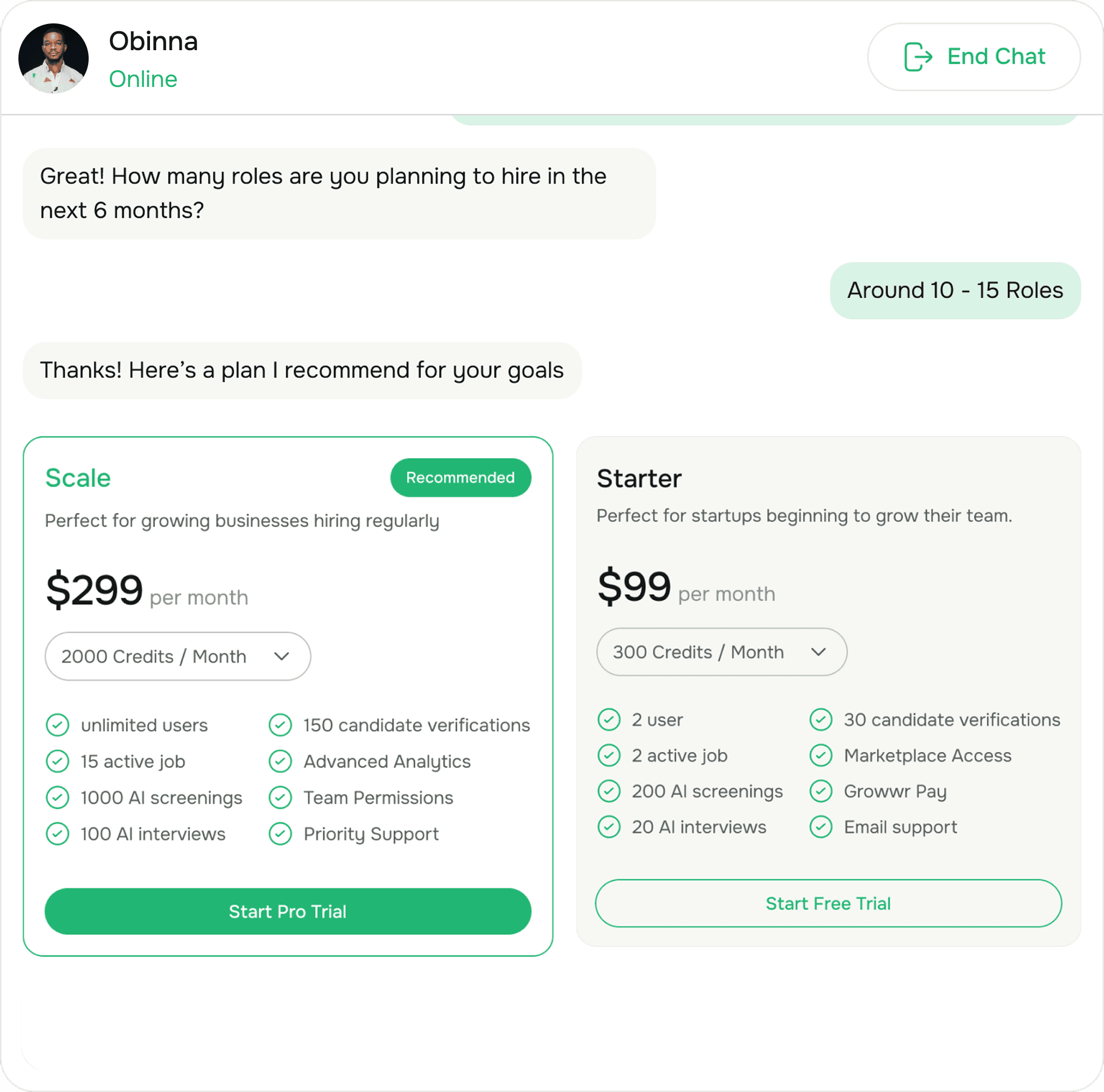 Chat with Growwr sales recommending a hiring plan